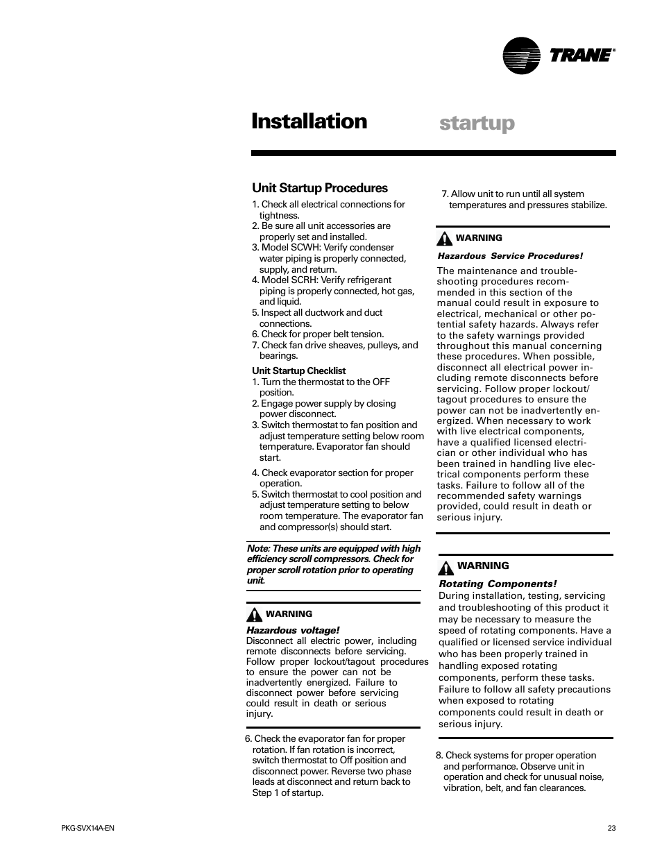 Startup, Startup installation, Unit startup procedures | Trane SCWH User Manual | Page 23 / 36