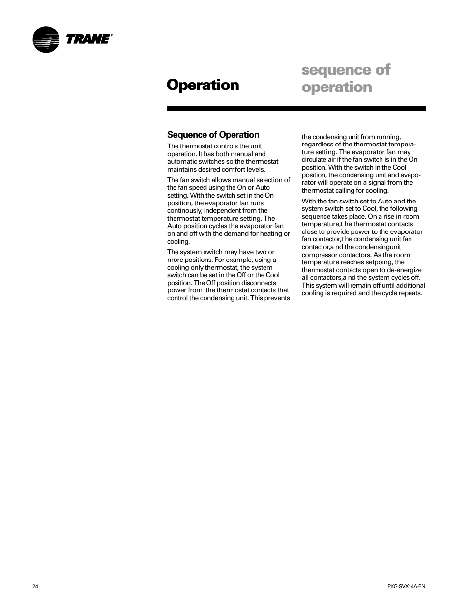 Sequence of operation, Operation sequence of operation | Trane SCWH User Manual | Page 24 / 36