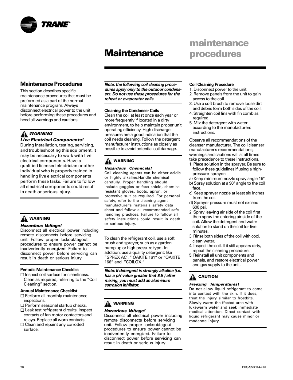 Maintenance maintenance procedures, Maintenance procedures | Trane SCWH User Manual | Page 26 / 36