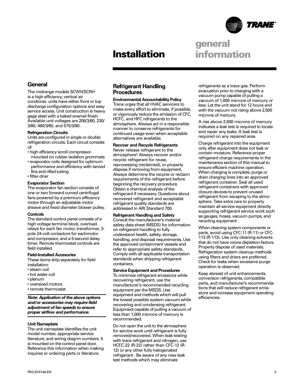 Installation general information | Trane SCWH User Manual | Page 5 / 36