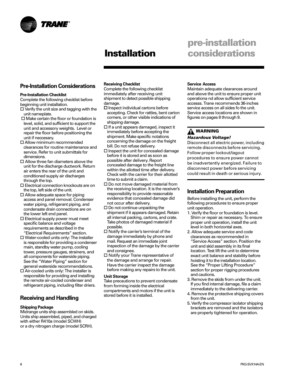 Pre-installation considerations, Installation pre-installation considerations | Trane SCWH User Manual | Page 6 / 36
