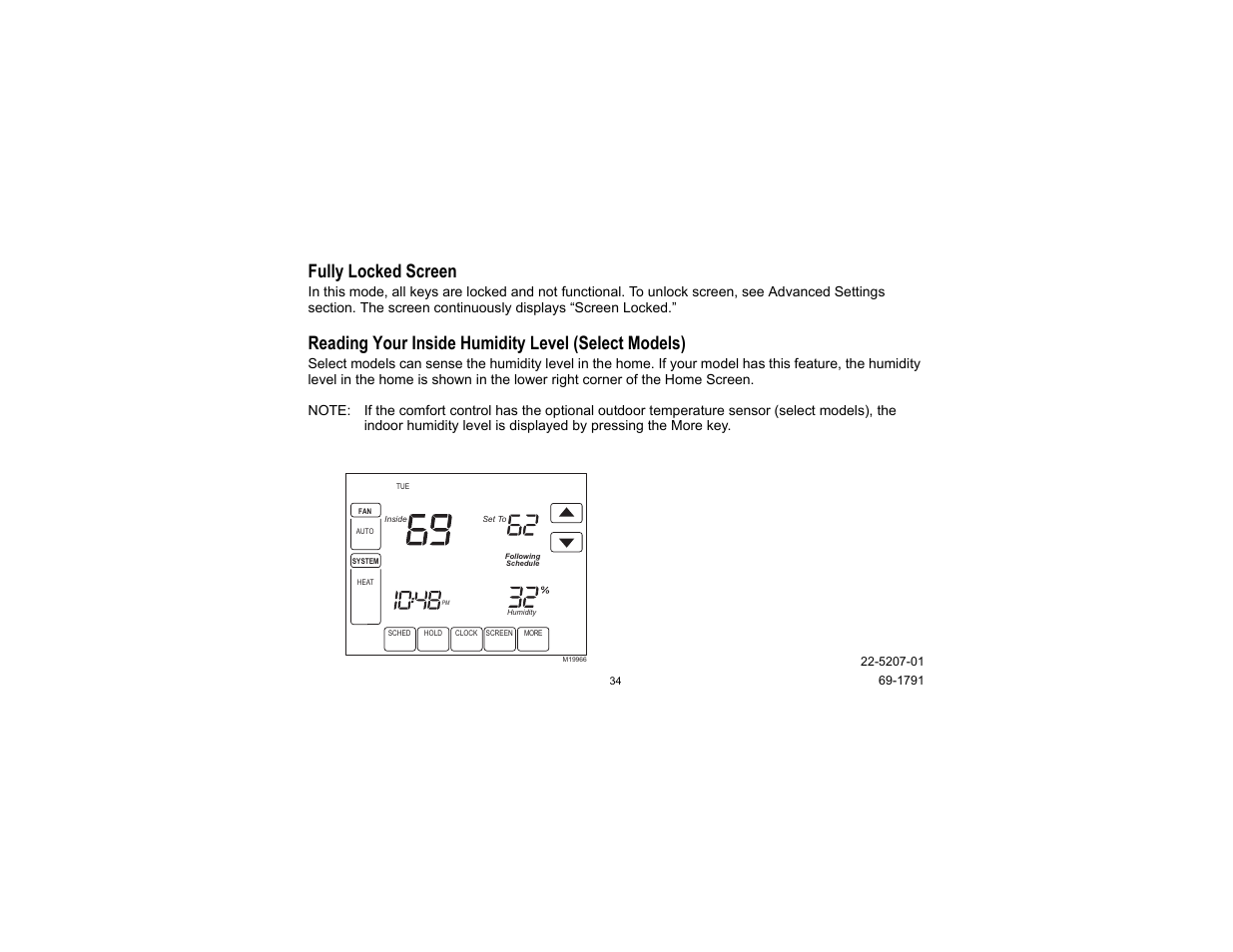 Fully locked screen, Reading your inside humidity level (select models) | Trane TCONT800 User Manual | Page 34 / 52