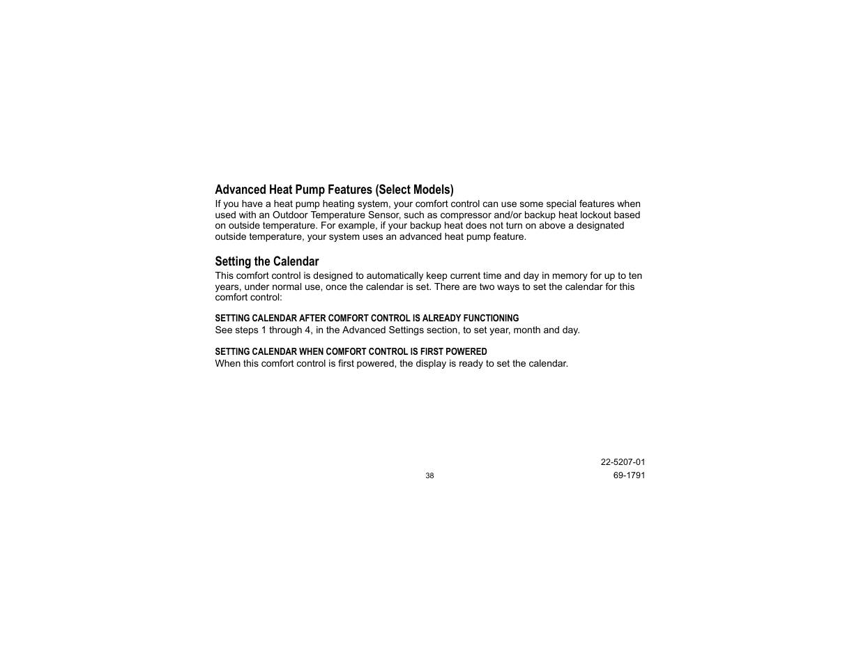 Advanced heat pump features (select models), Setting the calendar | Trane TCONT800 User Manual | Page 38 / 52