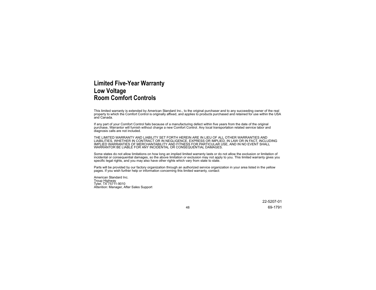 Limited five-year warranty | Trane TCONT800 User Manual | Page 48 / 52