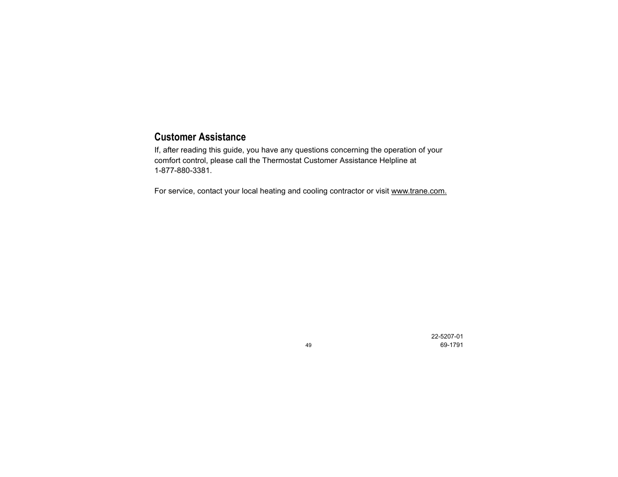 Customer assistance | Trane TCONT800 User Manual | Page 49 / 52