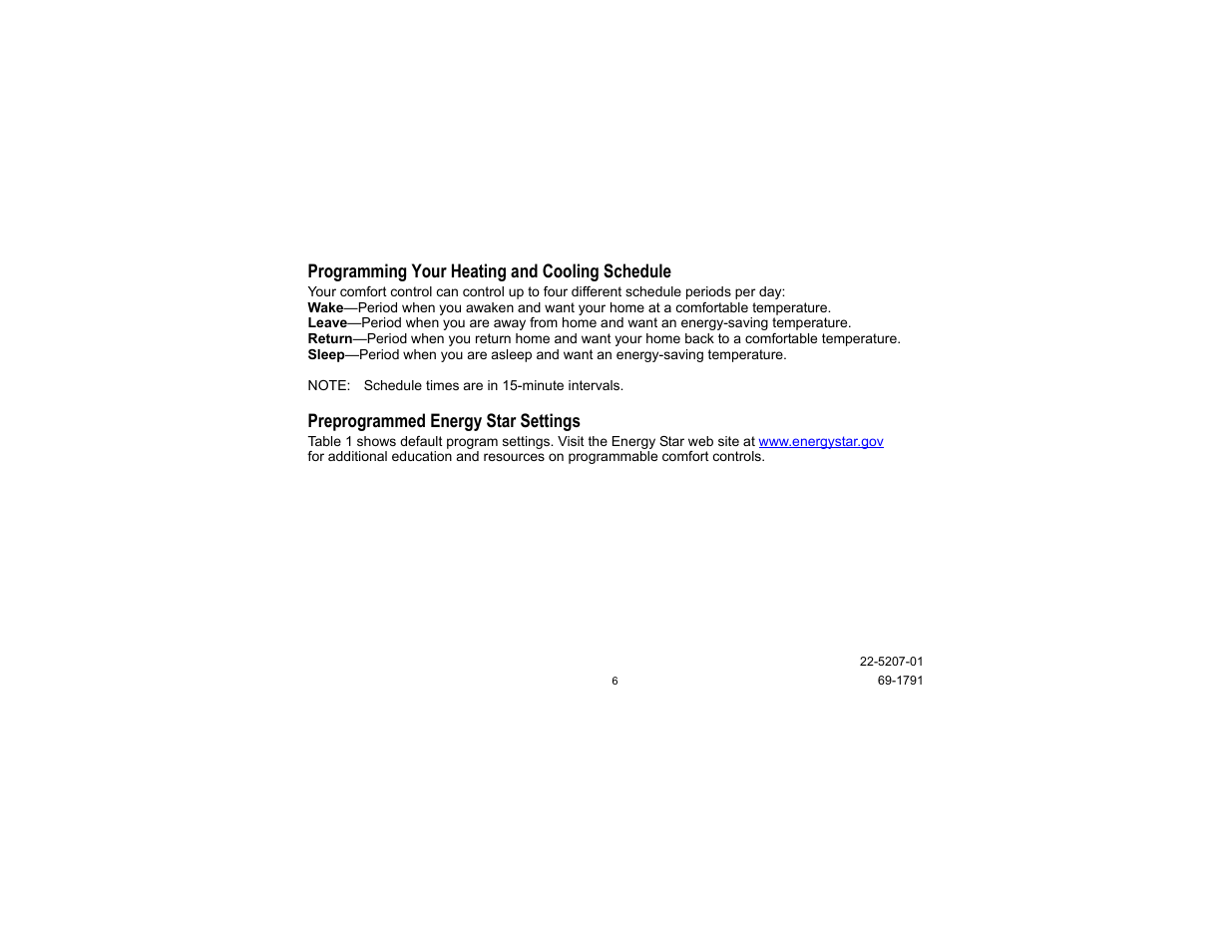 Programming your heating and cooling schedule, Preprogrammed energy star settings | Trane TCONT800 User Manual | Page 6 / 52