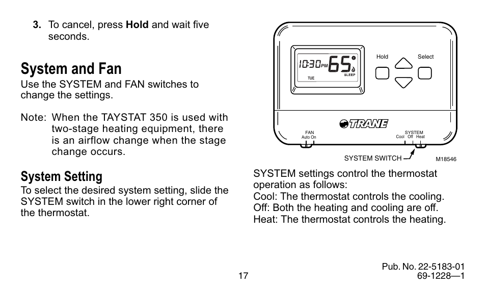System and fan, System setting | Trane 350 User Manual | Page 17 / 24