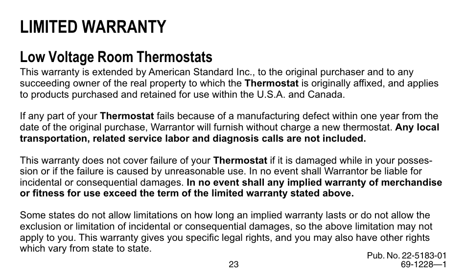 Limited warranty, Low voltage room thermostats | Trane 350 User Manual | Page 23 / 24