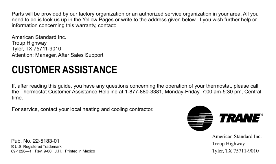 Customer assistance | Trane 350 User Manual | Page 24 / 24