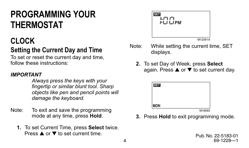 Programming your thermostat, Clock, Setting the current day and time | Trane 350 User Manual | Page 4 / 24