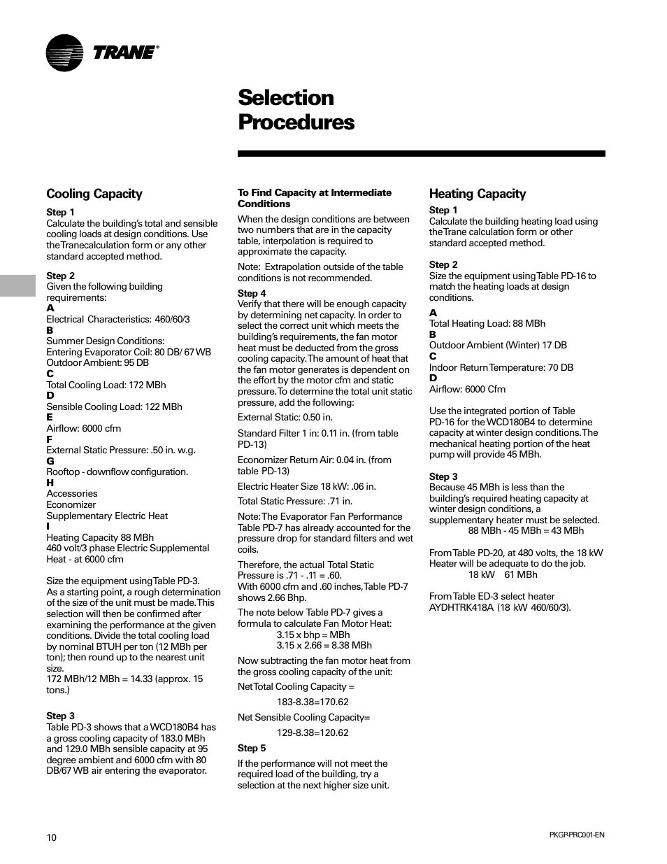 Selection procedures, Selection procedure, Cooling capacity | Heating capacity | Trane PKGP-PRC001-EN User Manual | Page 10 / 52