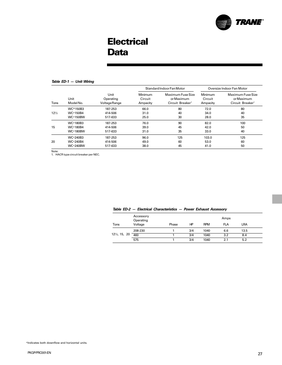 Electrical data, Electric power | Trane PKGP-PRC001-EN User Manual | Page 27 / 52
