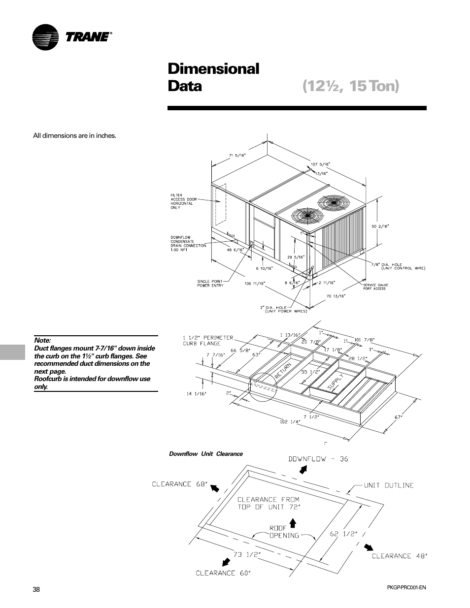 Dimensional data, Dimension and weights, 12½, 15 ton) dimensional data | Trane PKGP-PRC001-EN User Manual | Page 38 / 52