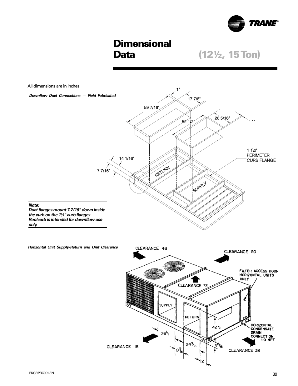 12½, 15 ton) dimensional data | Trane PKGP-PRC001-EN User Manual | Page 39 / 52