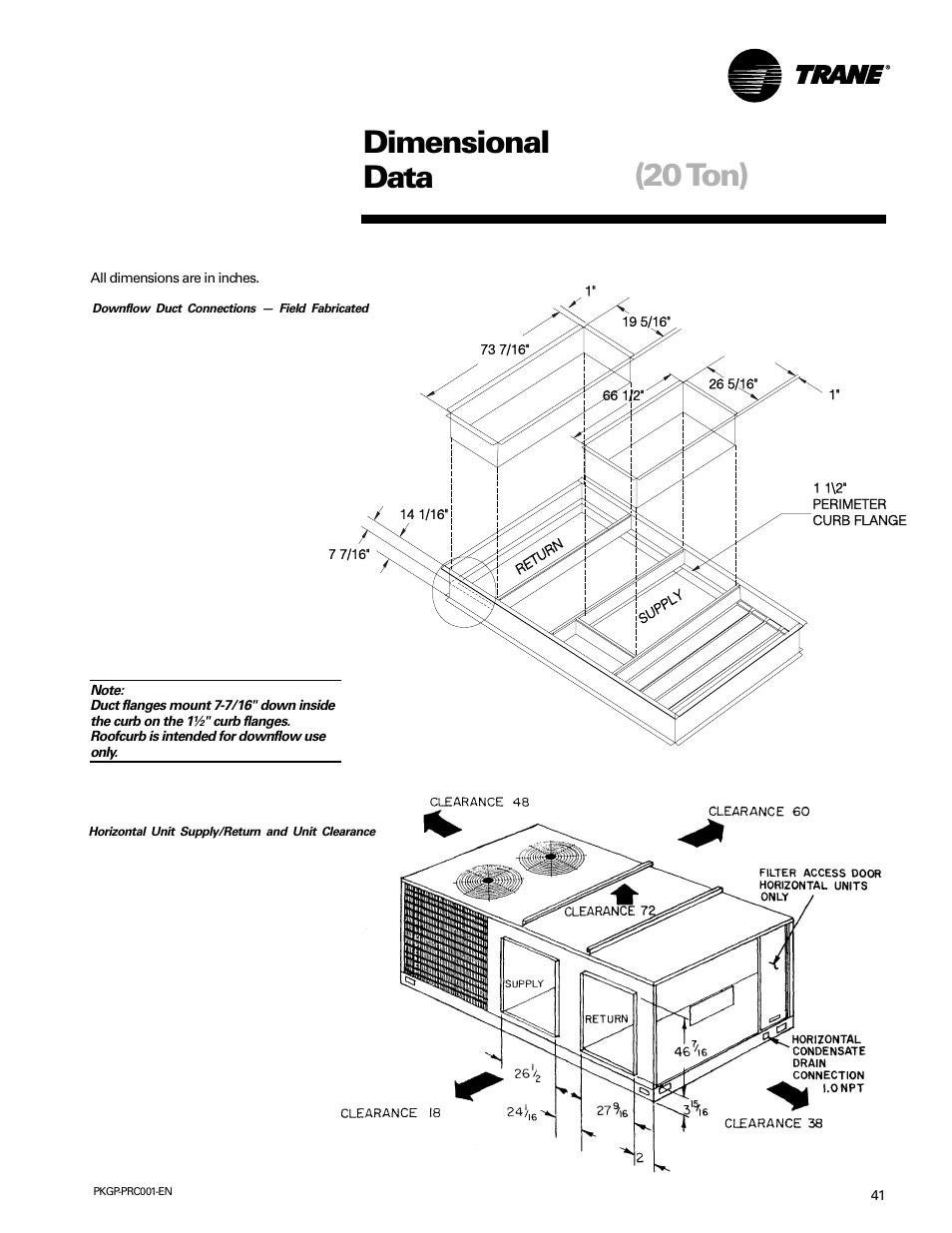Dimensional data (20 ton) | Trane PKGP-PRC001-EN User Manual | Page 41 / 52