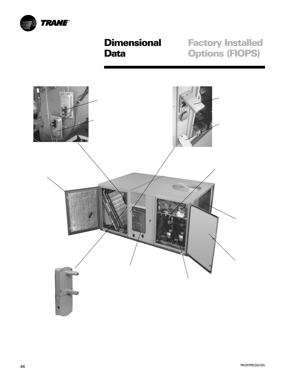 Dimensional data factory installed options (fiops) | Trane PKGP-PRC001-EN User Manual | Page 44 / 52
