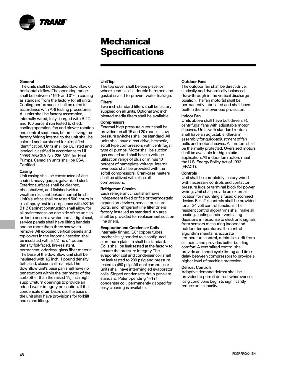 Mechanical specifications | Trane PKGP-PRC001-EN User Manual | Page 48 / 52