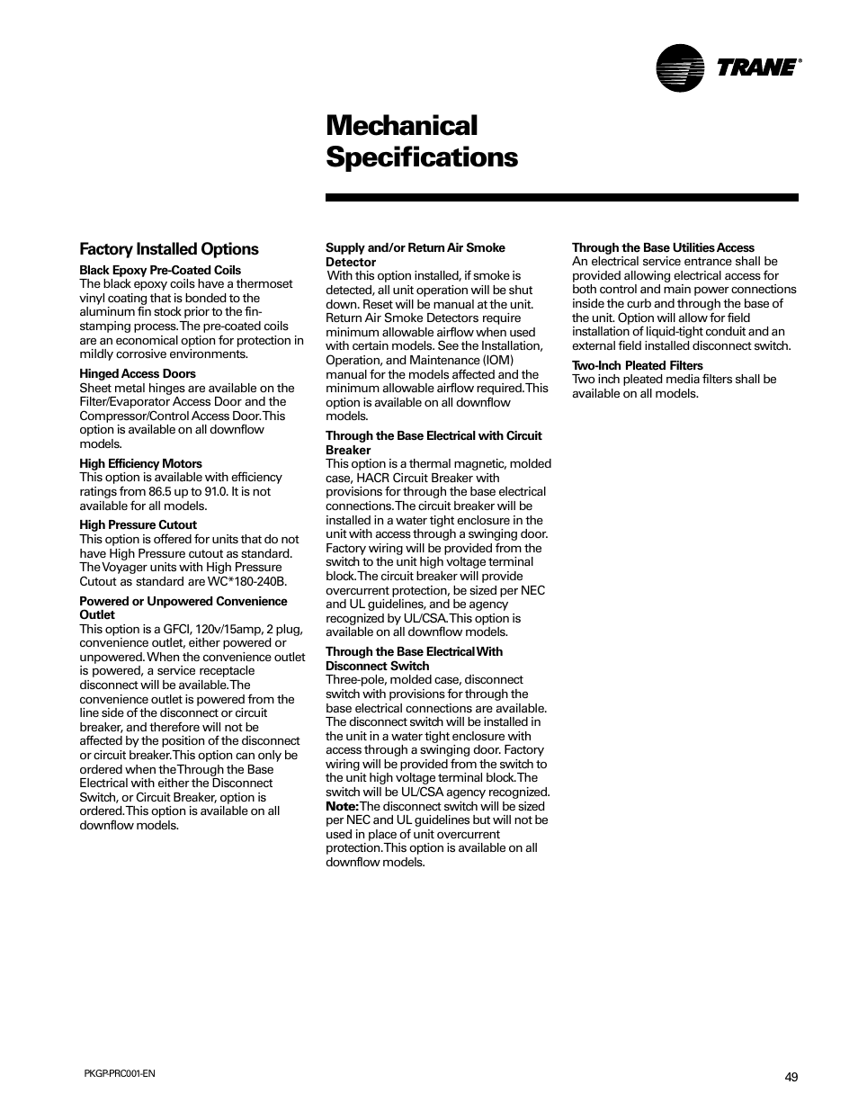 Mechanical specifications | Trane PKGP-PRC001-EN User Manual | Page 49 / 52