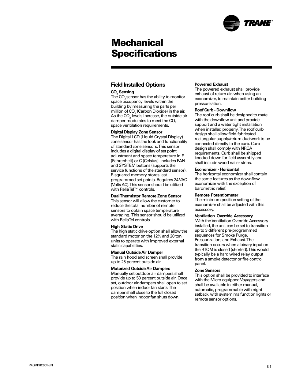 Mechanical specifications, Field installed options | Trane PKGP-PRC001-EN User Manual | Page 51 / 52
