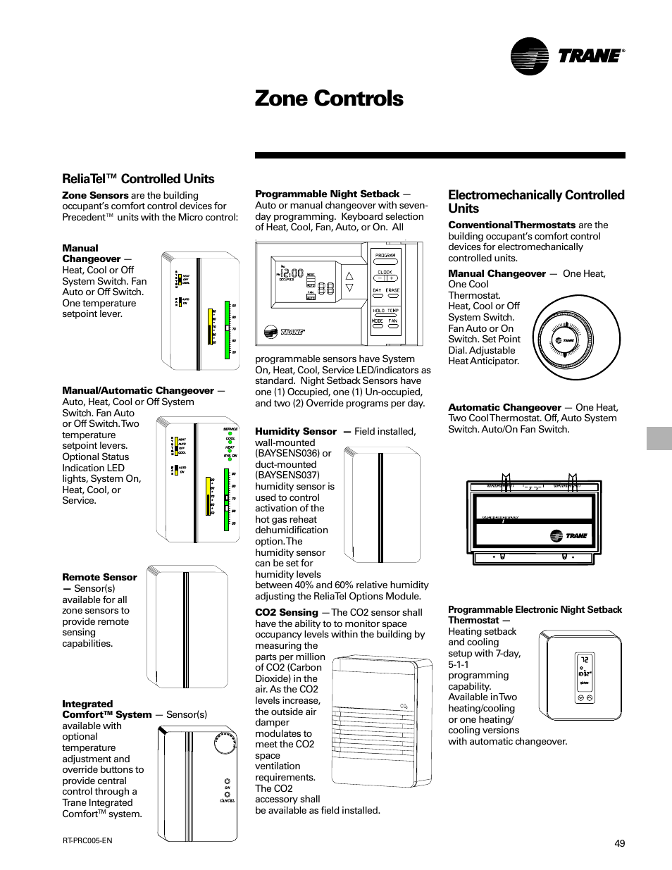 Zone controls, Controls, Reliatel™ controlled units | Electromechanically controlled units | Trane RT-PRC005 User Manual | Page 49 / 76