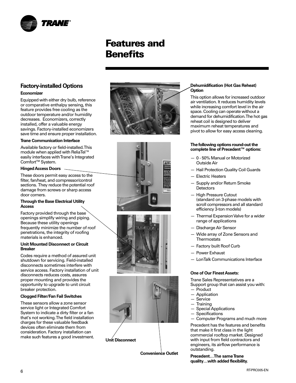Features and benefits, Factory-installed options | Trane RT-PRC005 User Manual | Page 6 / 76