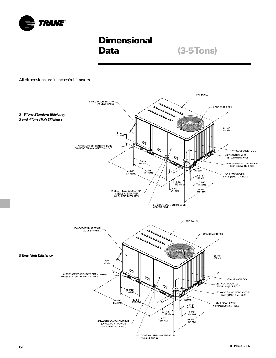 Dimensional data, Dimension and weights, 5 tons) | Trane RT-PRC005 User Manual | Page 64 / 76
