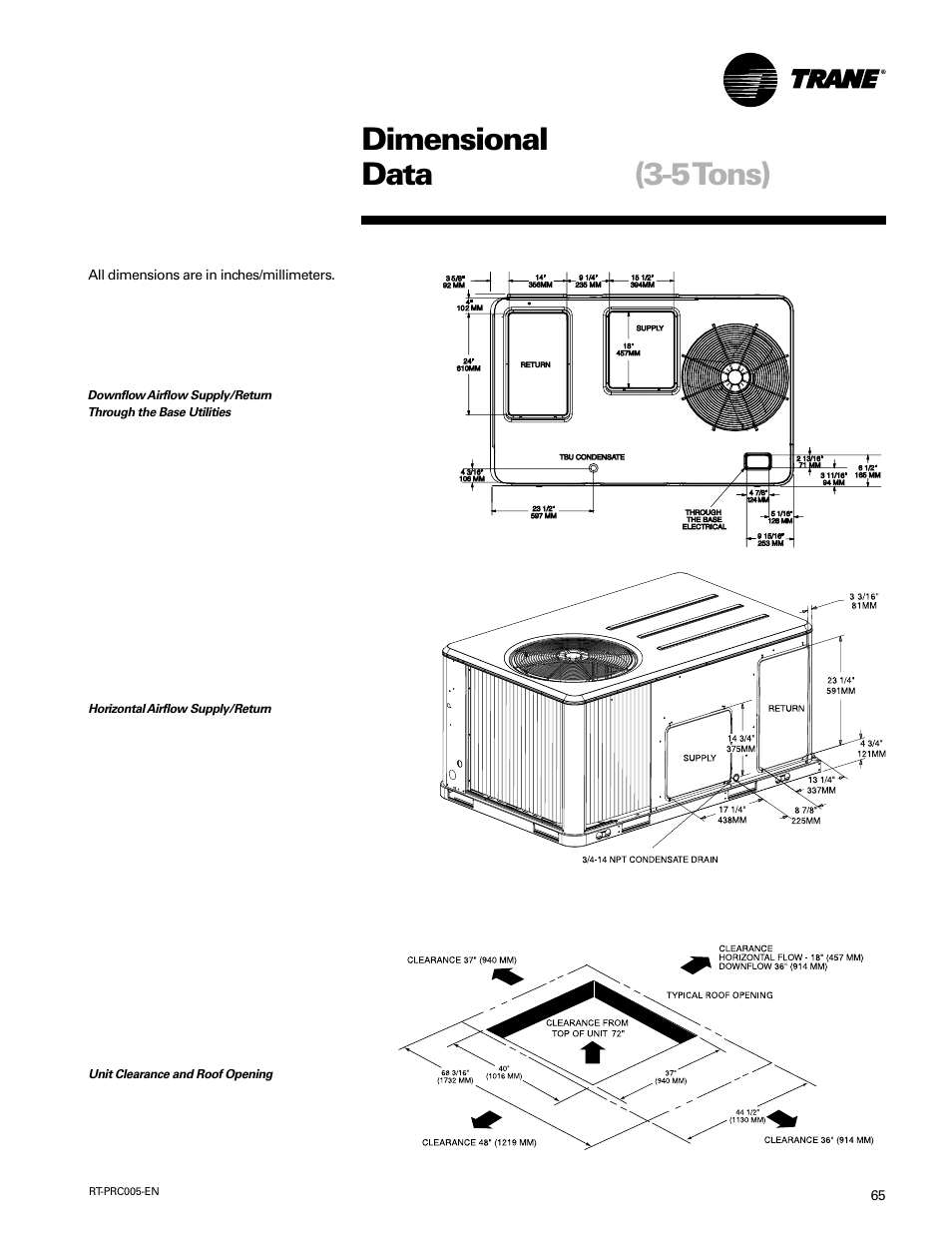 Dimensional data, 5 tons) | Trane RT-PRC005 User Manual | Page 65 / 76