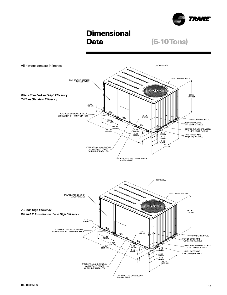10 tons) dimensional data | Trane RT-PRC005 User Manual | Page 67 / 76