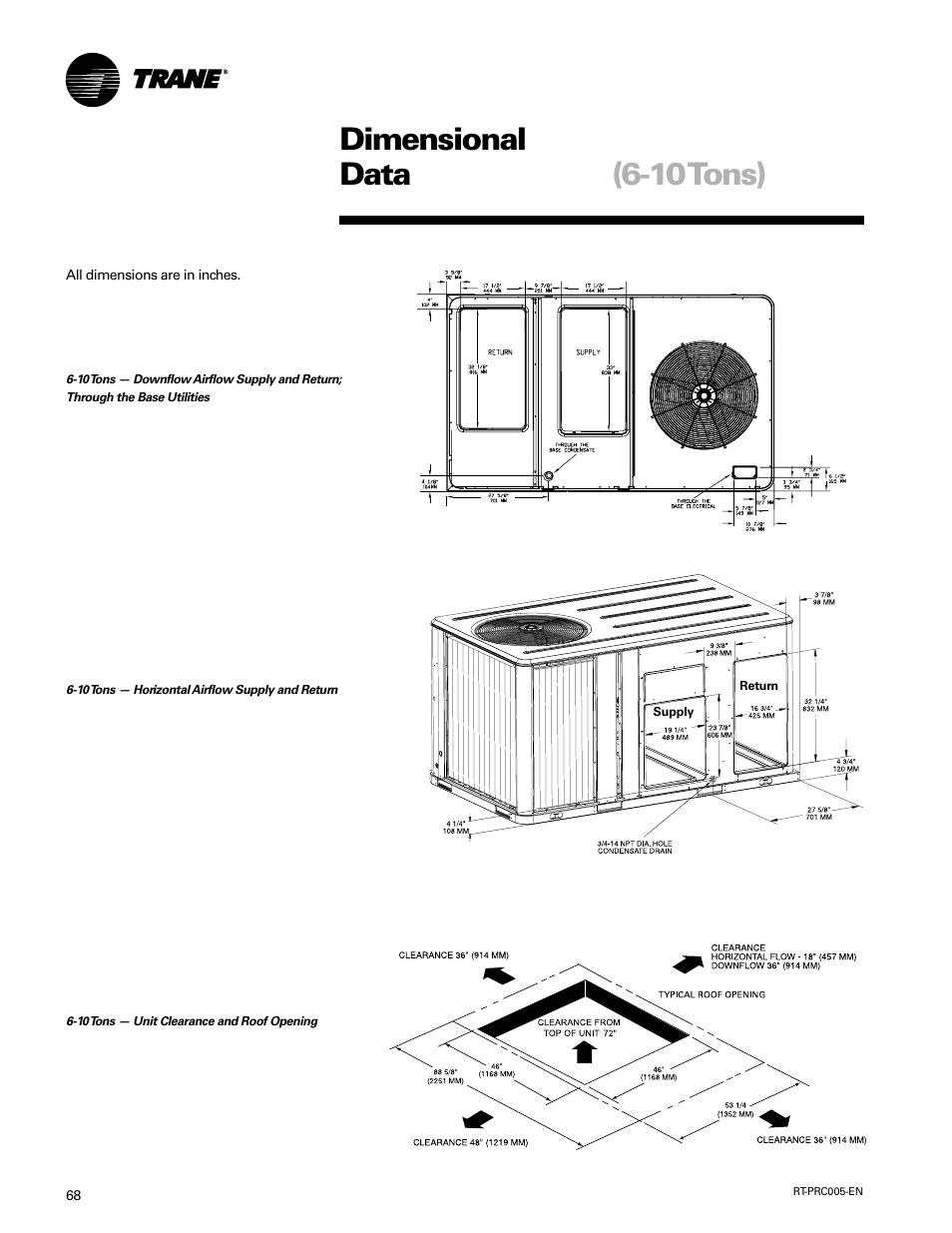 10 tons) dimensional data | Trane RT-PRC005 User Manual | Page 68 / 76