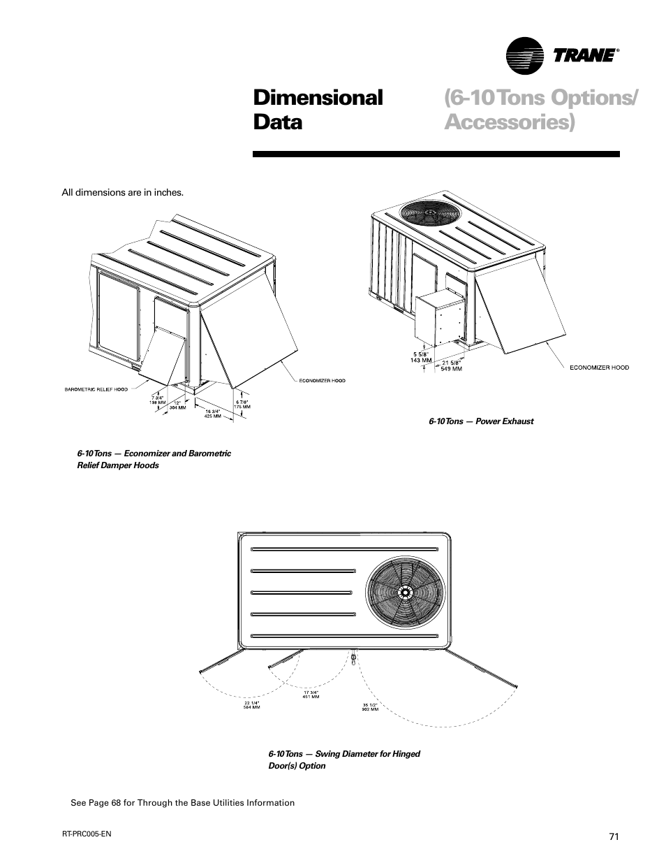 Dimensional data, 10 tons options/ accessories) | Trane RT-PRC005 User Manual | Page 71 / 76