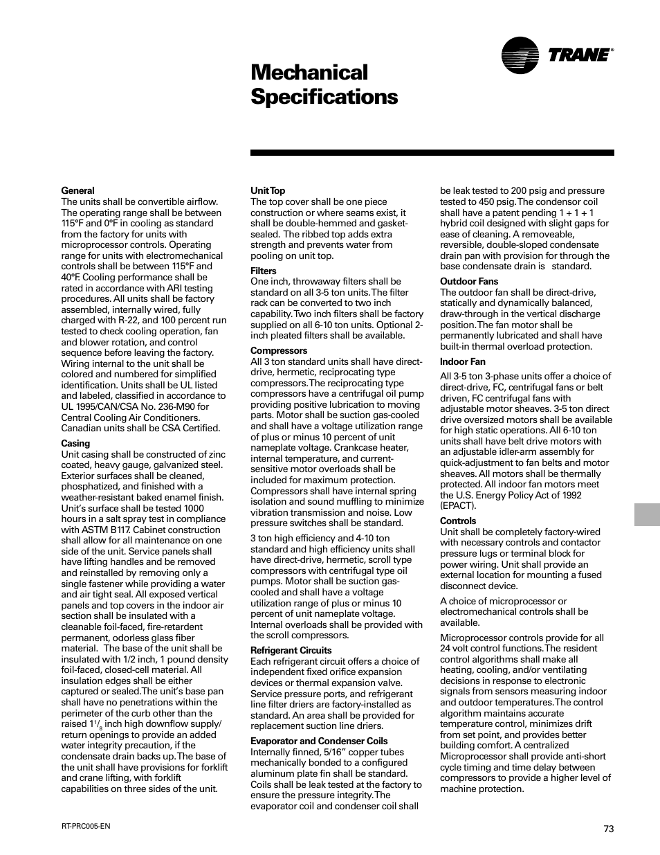 Mechanical specifications | Trane RT-PRC005 User Manual | Page 73 / 76