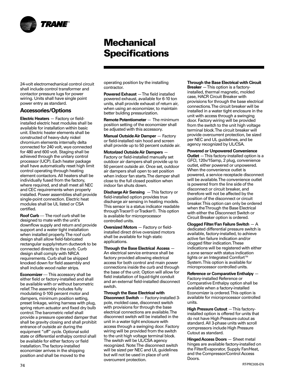Mechanical specifications | Trane RT-PRC005 User Manual | Page 74 / 76
