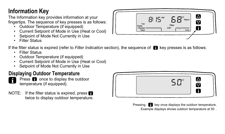 Information key, Displaying outdoor temperature | Trane XT500C User Manual | Page 24 / 68