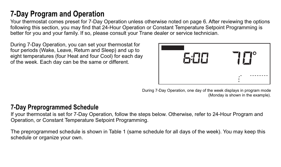 Day program and operation, Day preprogrammed schedule | Trane XT500C User Manual | Page 33 / 68