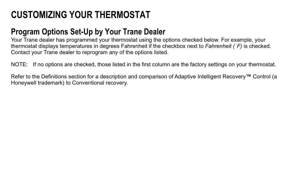 Customizing your thermostat, Program options set-up by your trane dealer | Trane XT500C User Manual | Page 5 / 68