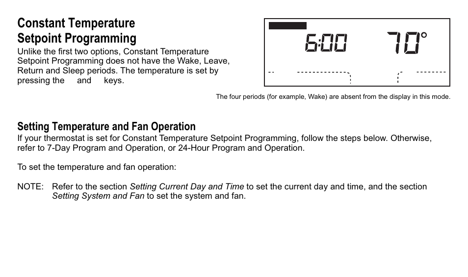 Constant temperature setpoint programming, Setting temperature and fan operation | Trane XT500C User Manual | Page 57 / 68