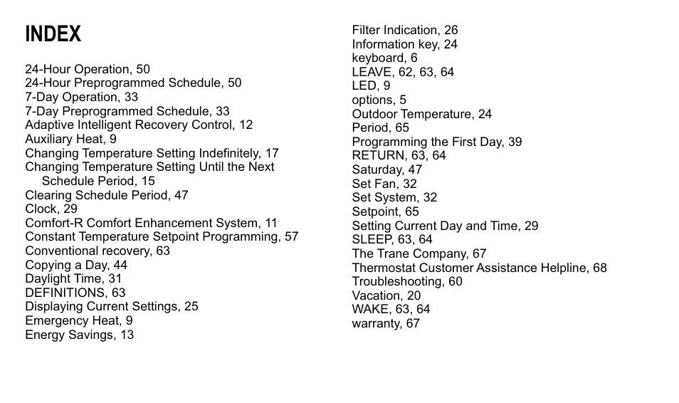 Index | Trane XT500C User Manual | Page 66 / 68