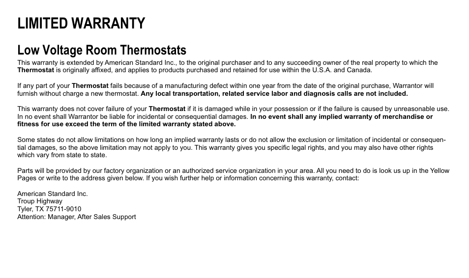 Limited warranty, Low voltage room thermostats | Trane XT500C User Manual | Page 67 / 68