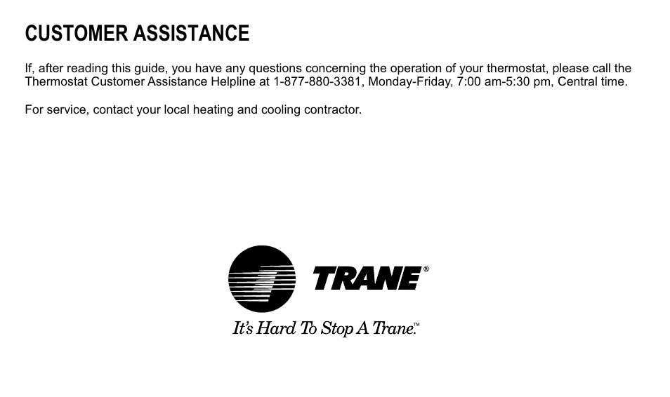 Customer assistance | Trane XT500C User Manual | Page 68 / 68