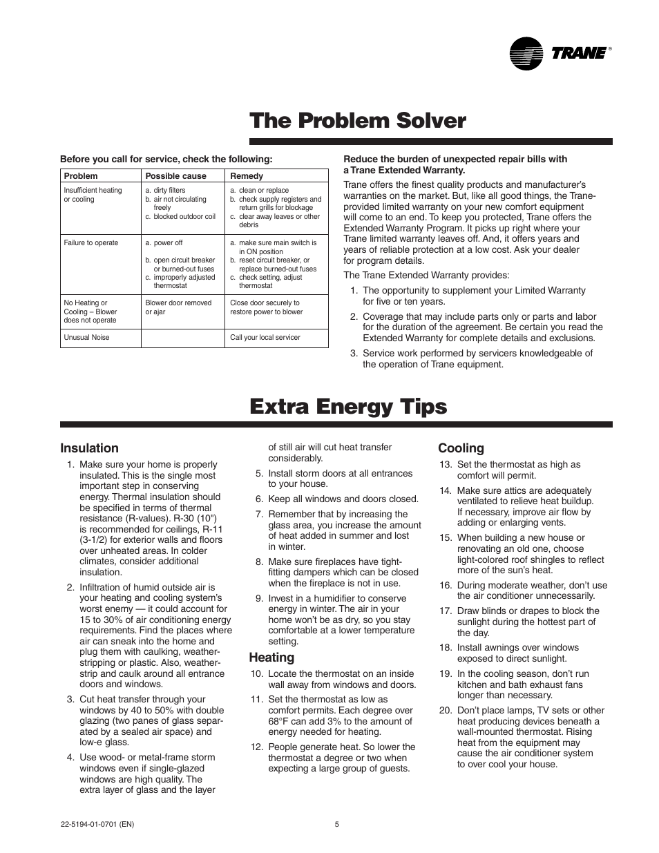 Problem solver, Extra energy tips, The problem solver extra energy tips | Insulation, Heating, Cooling | Trane XL User Manual | Page 5 / 6