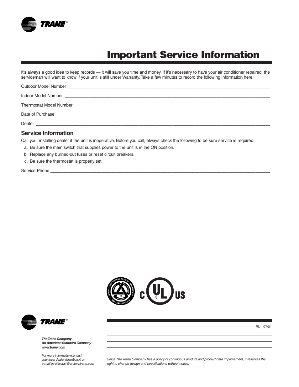 Service information, Important service information | Trane XL User Manual | Page 6 / 6