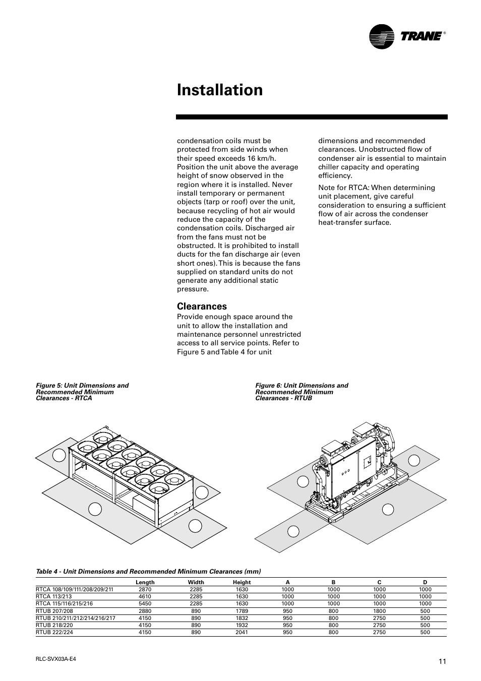 Installation, Clearances | Trane RTUB 207-224 User Manual | Page 11 / 32