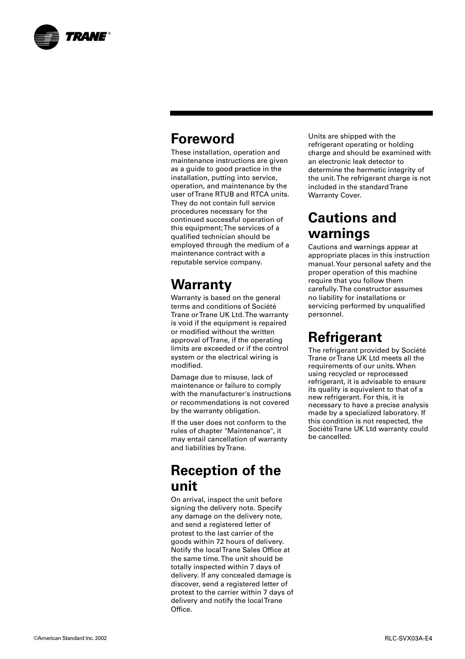Foreword, Warranty, Reception of the unit | Cautions and warnings, Refrigerant | Trane RTUB 207-224 User Manual | Page 2 / 32