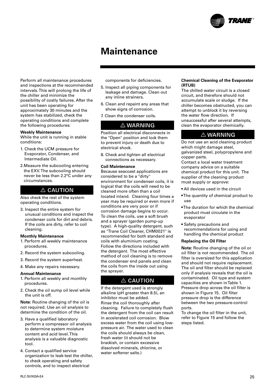 Maintenance | Trane RTUB 207-224 User Manual | Page 25 / 32