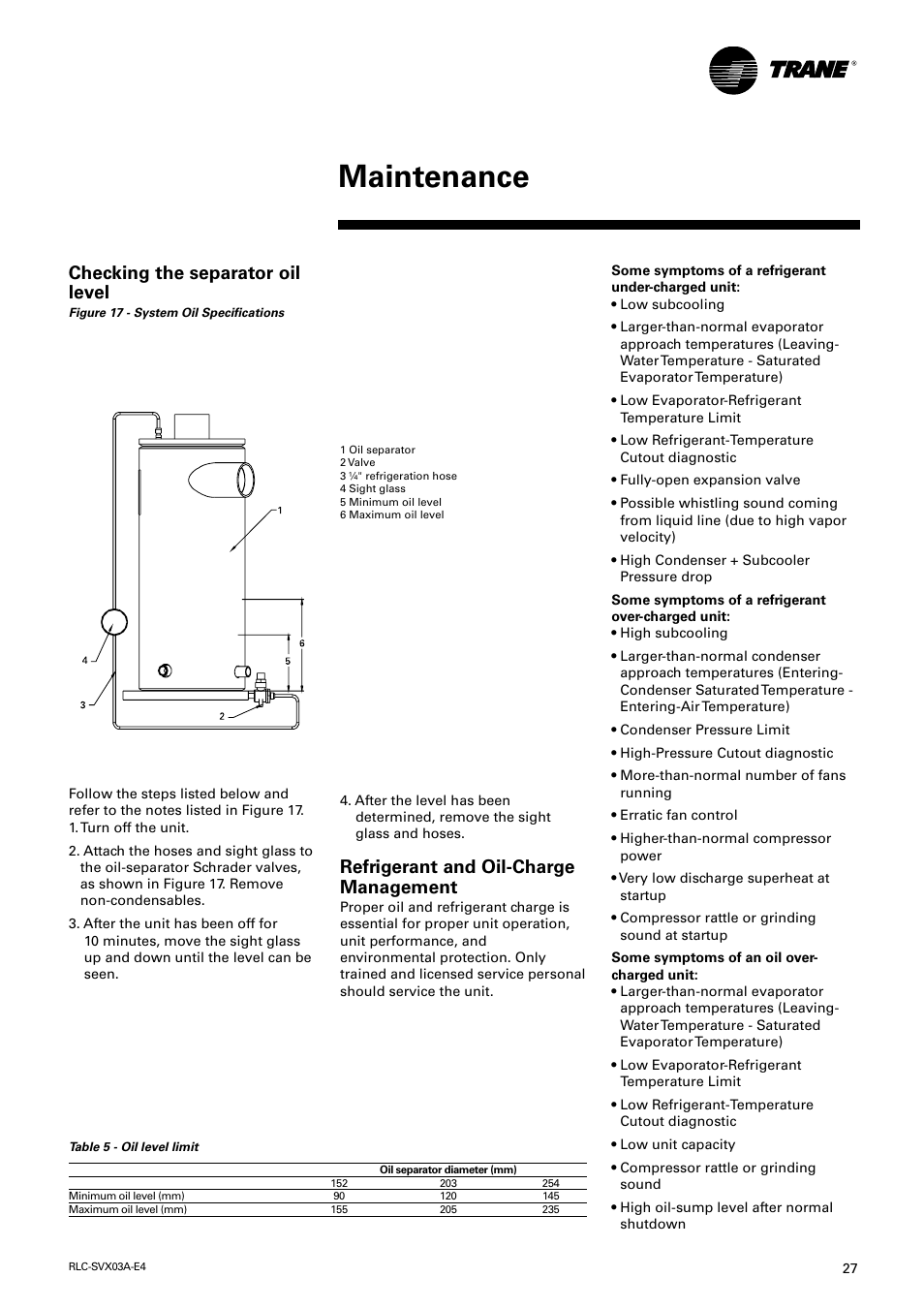 Maintenance, Refrigerant and oil-charge management, Checking the separator oil level | Trane RTUB 207-224 User Manual | Page 27 / 32