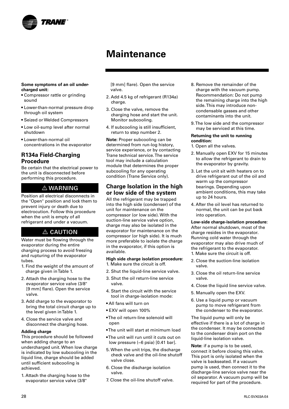 Maintenance, R134a field-charging procedure, Ƽƽ w wa ar rn niin ng g | Ƽƽ c ca au ut tiio on n | Trane RTUB 207-224 User Manual | Page 28 / 32