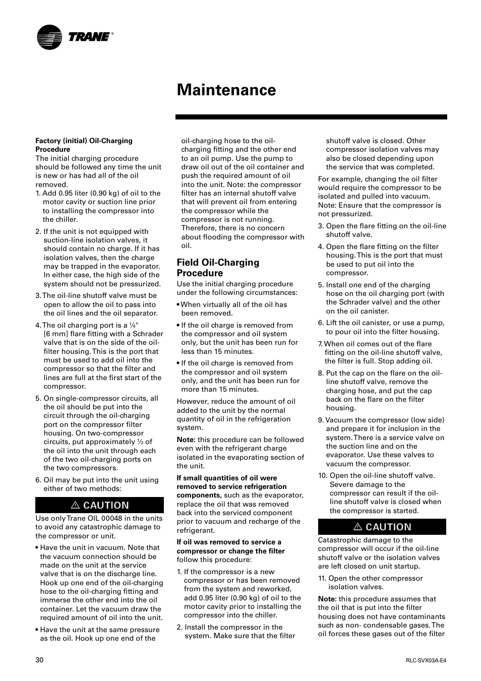 Maintenance, Ƽƽ c ca au ut tiio on n, Field oil-charging procedure | Trane RTUB 207-224 User Manual | Page 30 / 32