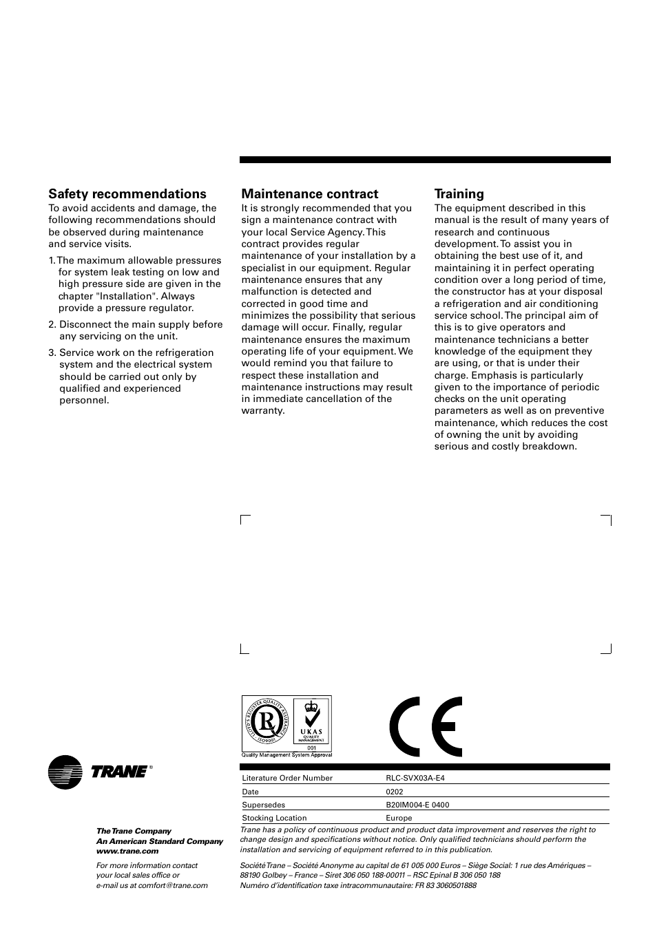 Safety recommendations, Maintenance contract, Training | Trane RTUB 207-224 User Manual | Page 32 / 32