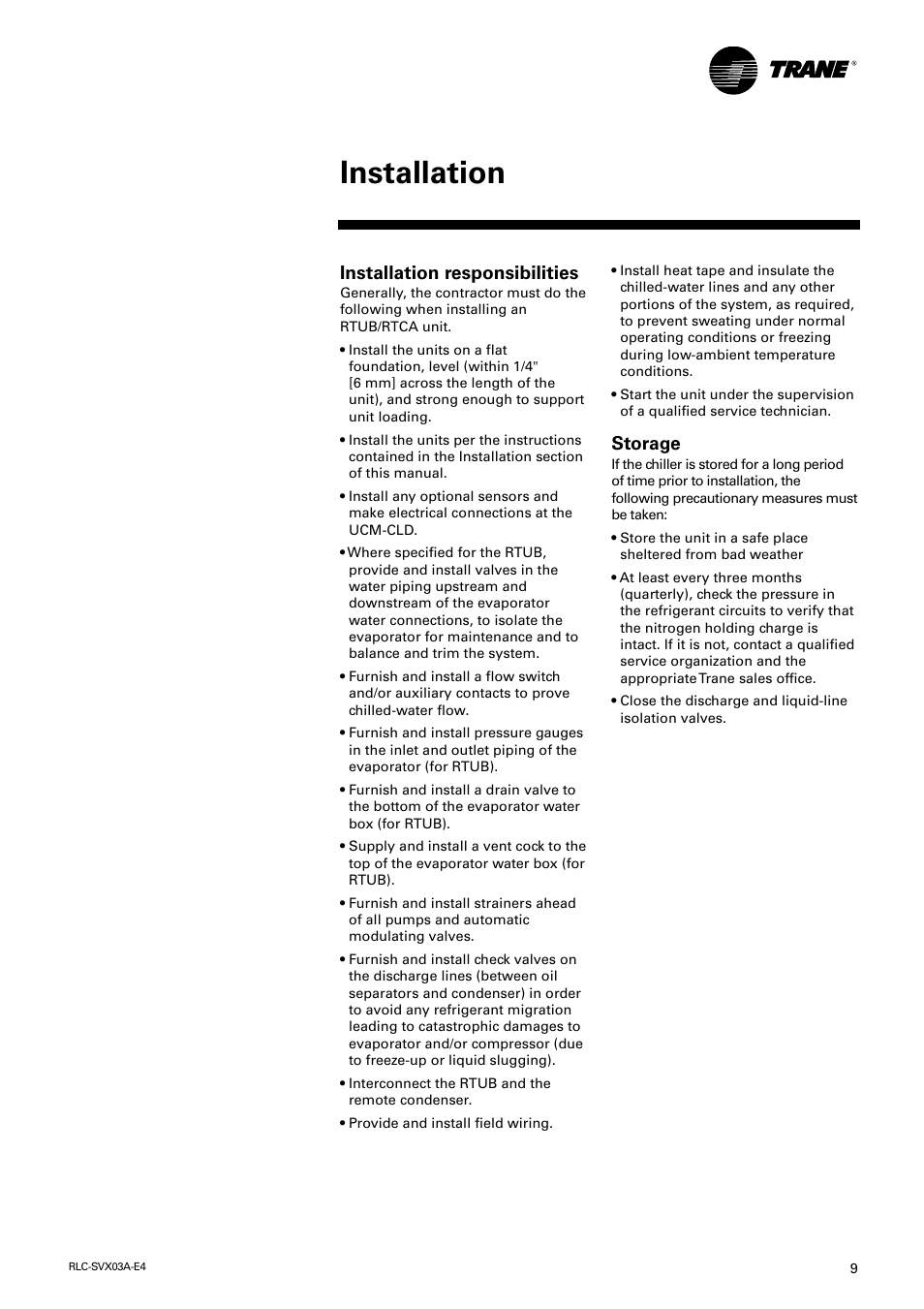 Installation, Installation responsibilities, Storage | Trane RTUB 207-224 User Manual | Page 9 / 32