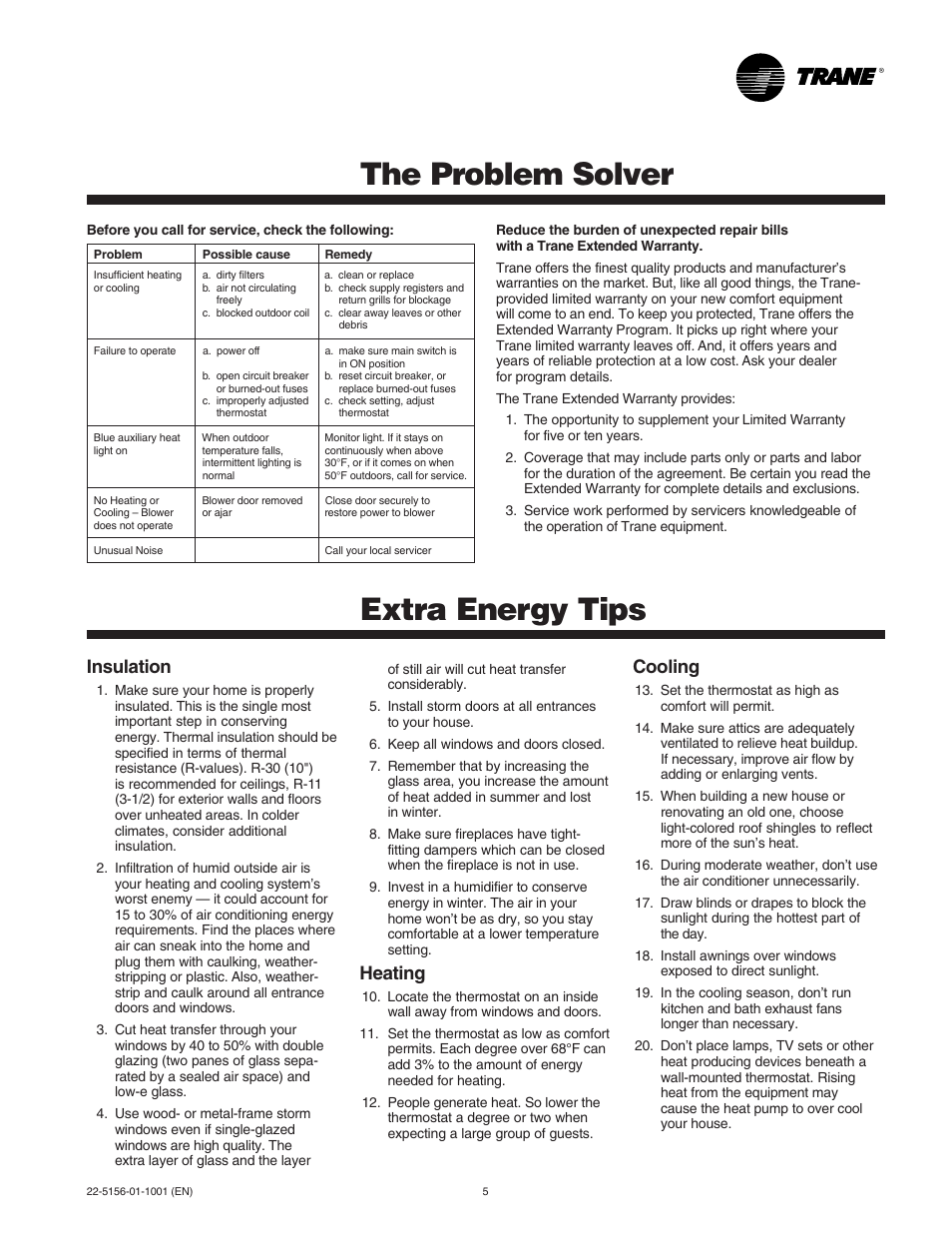 Problem solver, Extra energy tips, The problem solver extra energy tips | Insulation, Heating, Cooling | Trane XL Series User Manual | Page 5 / 6